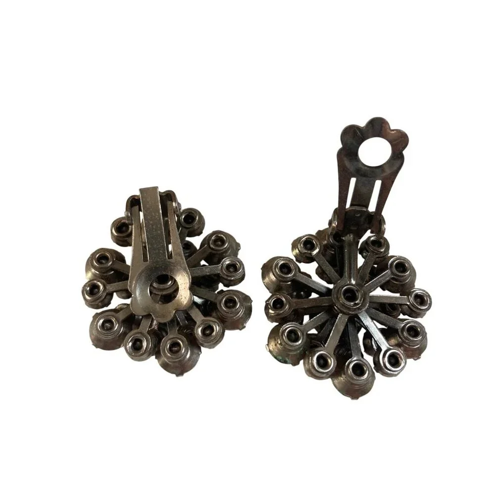 Vintage Rhinestone Cluster Earrings Clip On Pink Gray Prong Set Coquette Girl